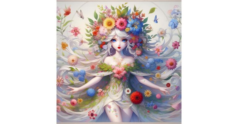 anime drawing of girl with arms open and colored flowers surrounding her