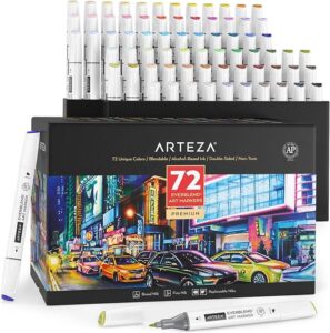 ARTEZA Art Alcohol Markers, Set of 72 Colors, EverBlend Dual Tip Markers with Organizer Box, Fine and Broad Chisel Nib, for Coloring and Drawing Model number ‎ARTZ-8759-1