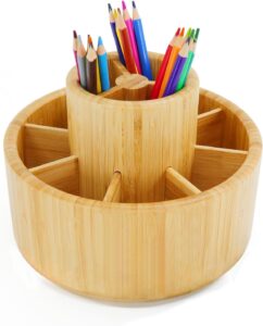 Utoplike Bamboo Rotating Art Supply Desk Organizer,Pencil Holder Organizer, Desktop Storage Caddy for Pen,Colored Pencil,Crayon,Paint Brushes,Art