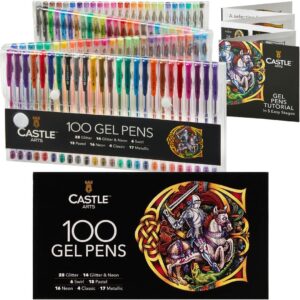 Castle Art Supplies 100 Gel Pens for Adult Coloring Set Drawing, Scrapbooks, Journals Amazing Colors, Effects – Swirl, Glitter, Neon, Pastel, Metallic - with Smooth, Fine Tips Model number ‎4336949690