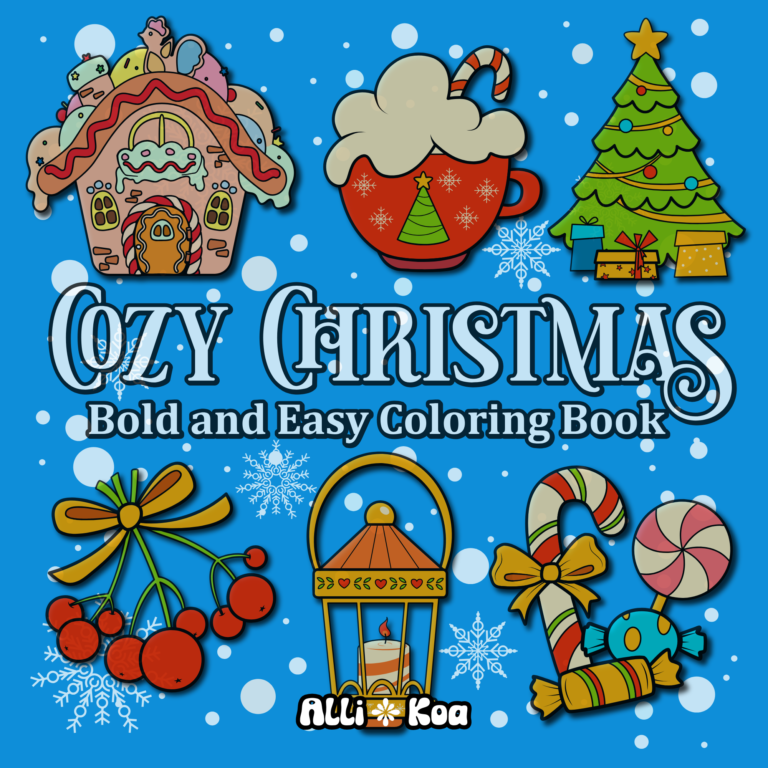 Christmas Coloring Book with blue background and christmas illustrations