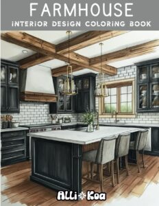 Farmhouse style kitchen on front cover of a interior design coloring book