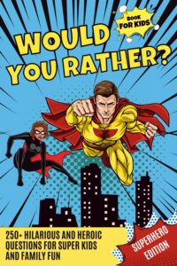 superhero flying through the city with a blue background