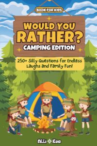 book cover, kids around a campfire in the forest with blue skies
