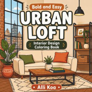 urban loft interior design coloring book cover with a tan couch and city in the window